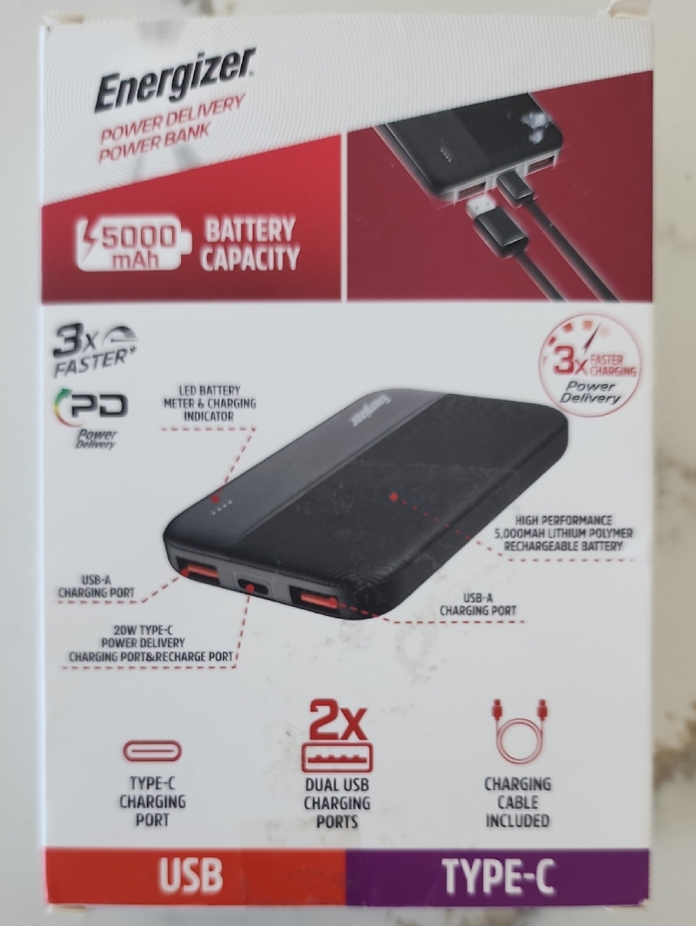 Energizer 5000mAh Black Power Bank - USB Type-C